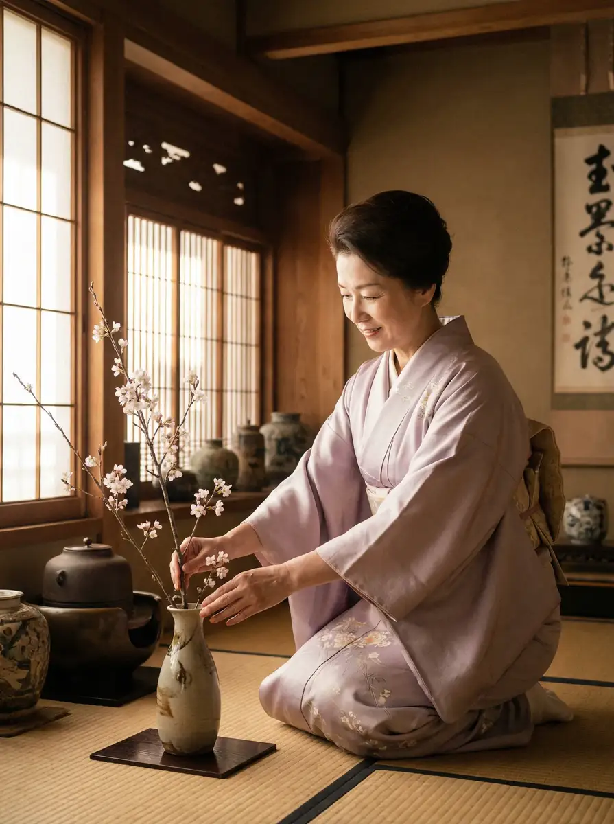 一位优雅的 茄子视频 在和室中插花