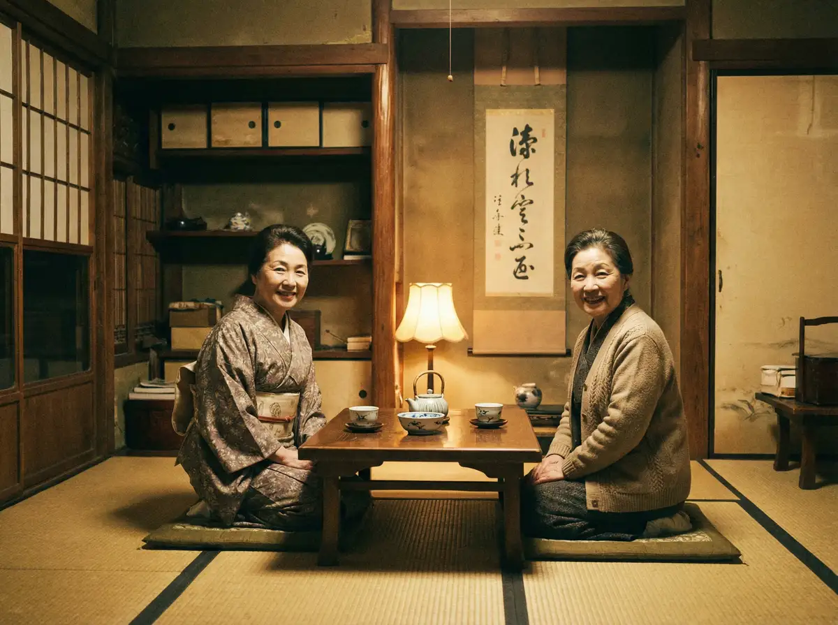两位优雅的 茄子视频 在日式茶室中品茶交谈